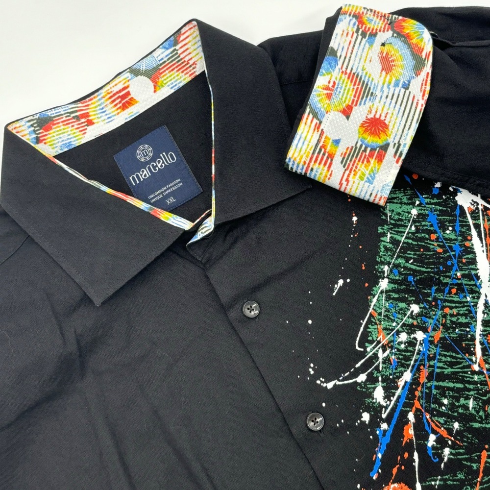Marcello XXL Mens Black Flip Cuff Button‎ Up Shirt Abstract Paint Linen Blend
